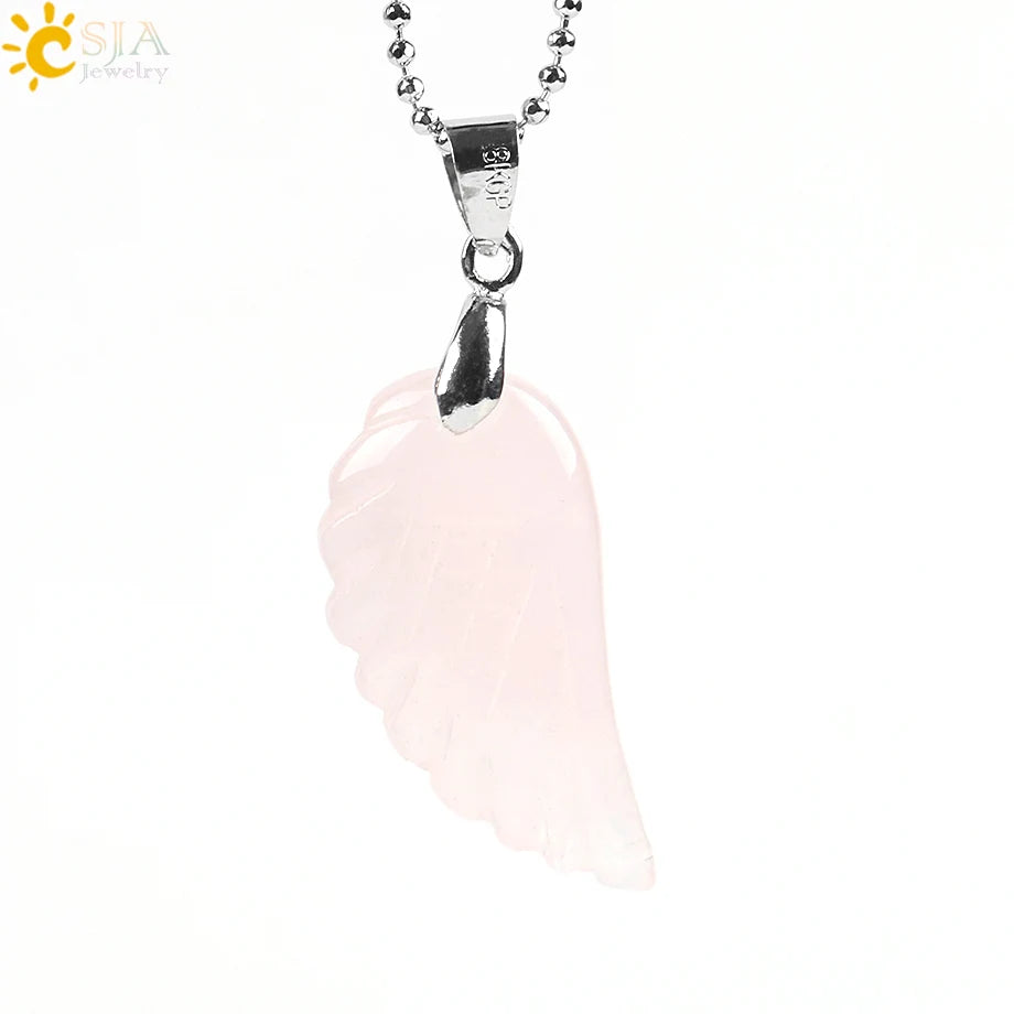 CSJA Natural Gem Stone Angel Wing Necklaces & Pendants Purple Pink Rock Crystal Lapis Lazuli Opal Green Aventurine Jewelry E768
