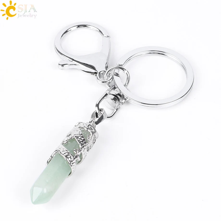 CSJA Natural Gem Stone Keychains Hexagonal Prism Point Pendant Lapis Lazuli White Crystal Opal for DIY Car Key Rings Chains E824