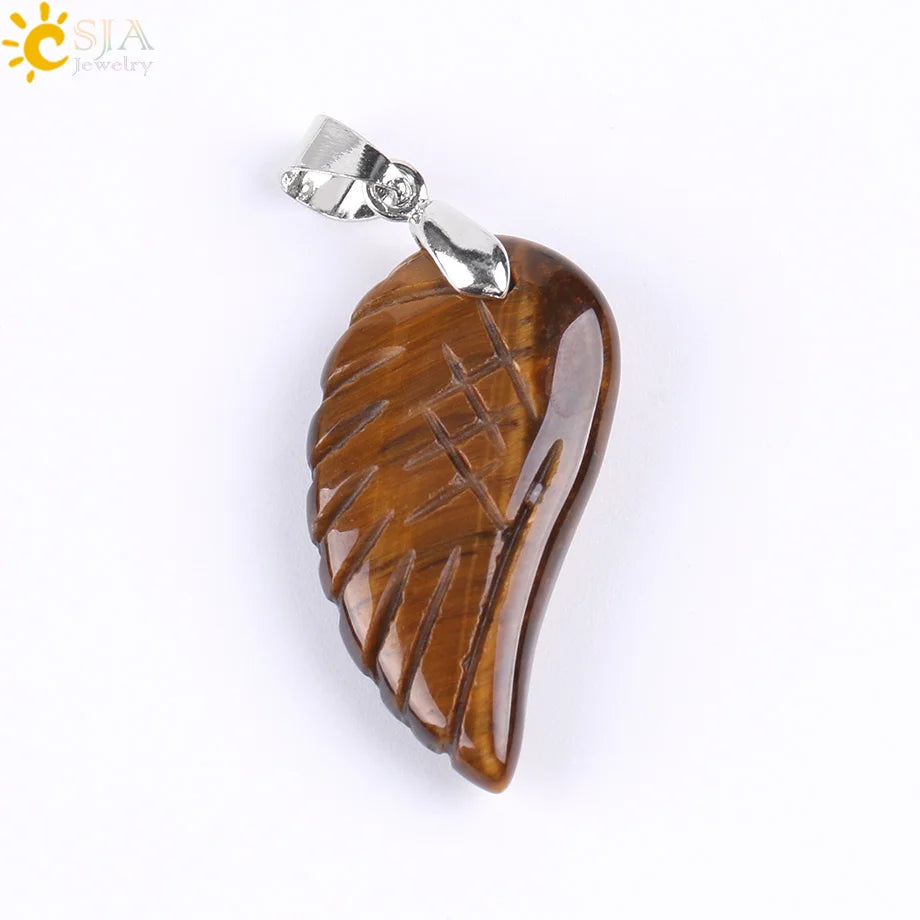 CSJA Natural Gem Stone Angel Wing Necklaces & Pendants Purple Pink Rock Crystal Lapis Lazuli Opal Green Aventurine Jewelry E768