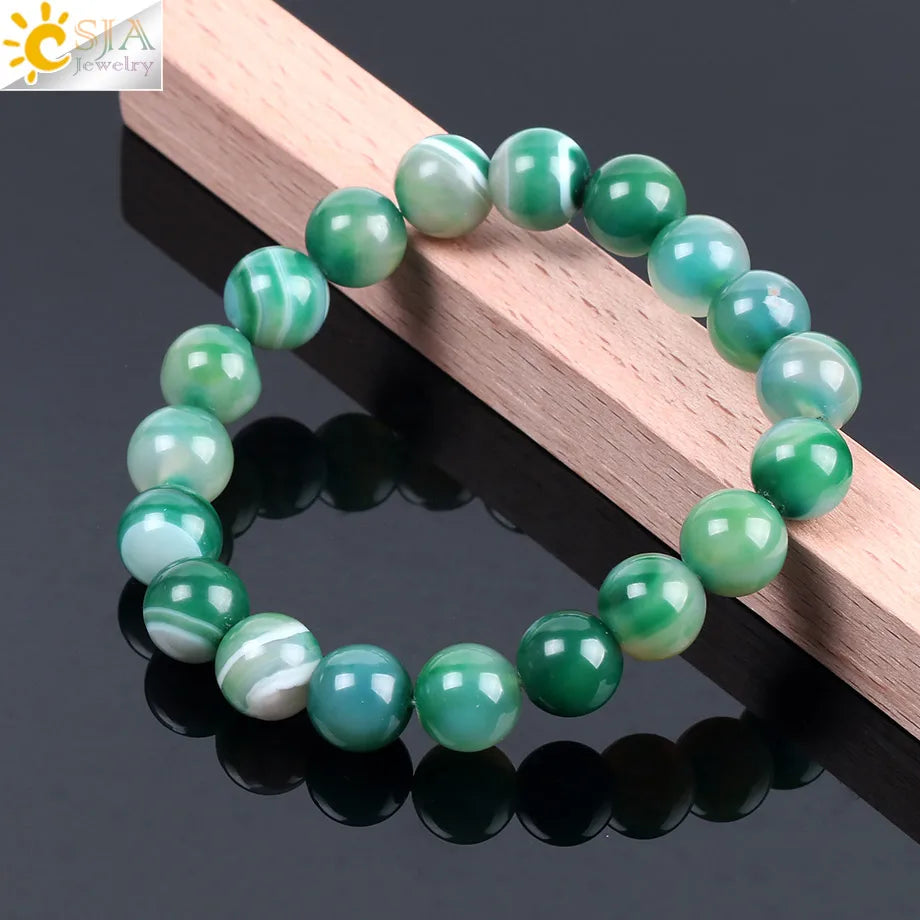CSJA Natural Gem Stone Onyx Agates Bracelets & Bangles Green Vein Mala Yoga Beads Meditation Healing Energy Fashion Jewelry F114