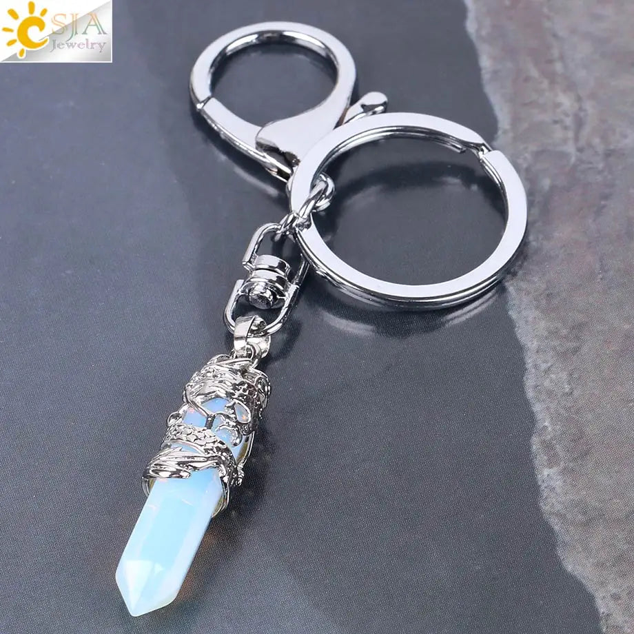 CSJA Natural Gem Stone Keychains Hexagonal Prism Point Pendant Lapis Lazuli White Crystal Opal for DIY Car Key Rings Chains E824