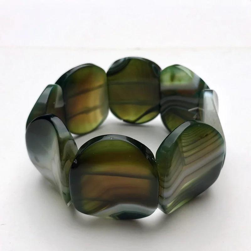 Unique Hip-Hop Jewelry, Multi-color Stripes, Botswana Agates Beads, Gem Elastic Bracelet, concave Shape 30x40mm