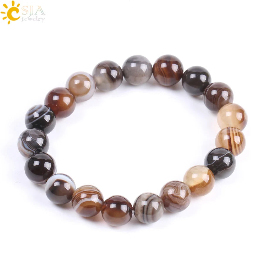 CSJA Natural Round Gem Stone Agates Onyx Men Bracelets Bangle 10mm Brown Stripe Ethnic Rosary Energy Beads Prayer Wristband F113