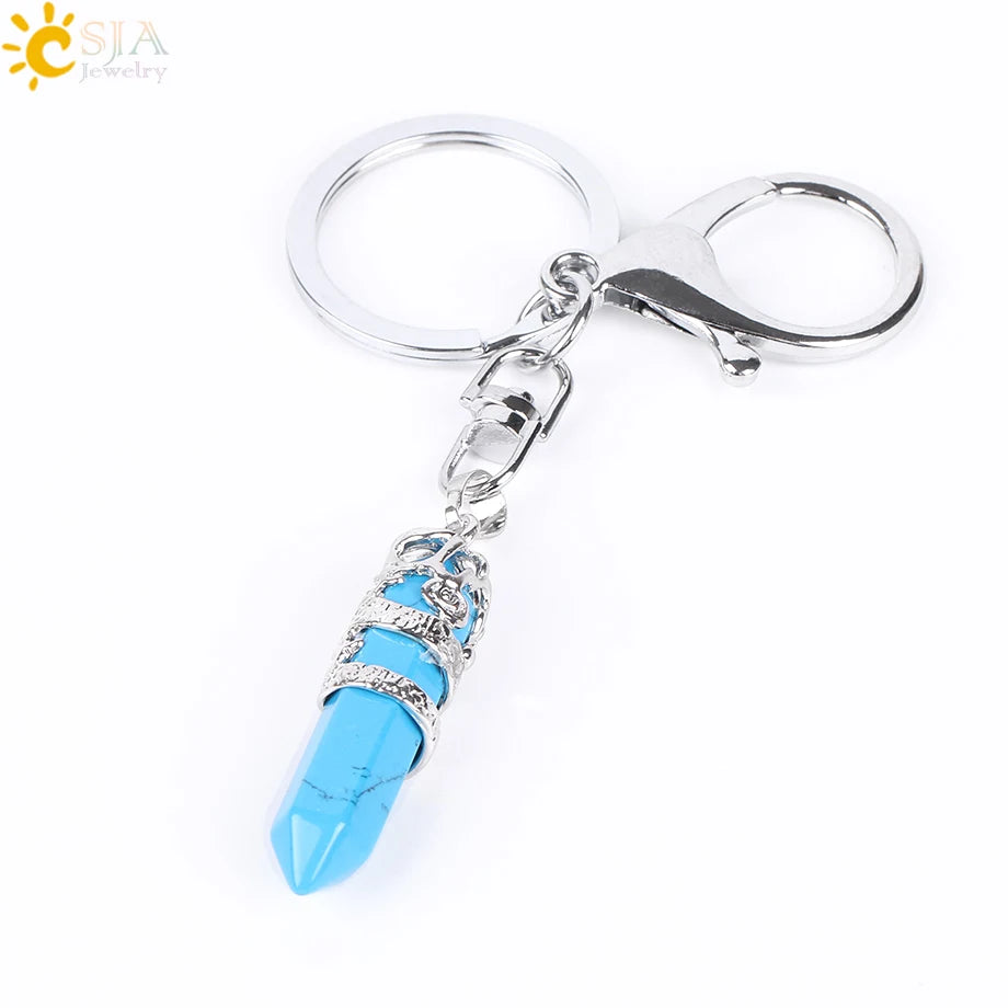 CSJA Natural Gem Stone Keychains Hexagonal Prism Point Pendant Lapis Lazuli White Crystal Opal for DIY Car Key Rings Chains E824