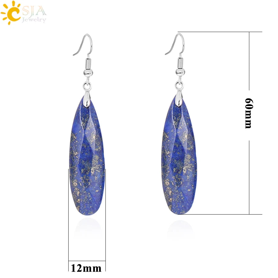 CSJA Dangle Long Earrings for Women Natural Stone Multifaceted Cutting Pendant Tiger Eye Crystal Lava Geometry Drop Earring F354