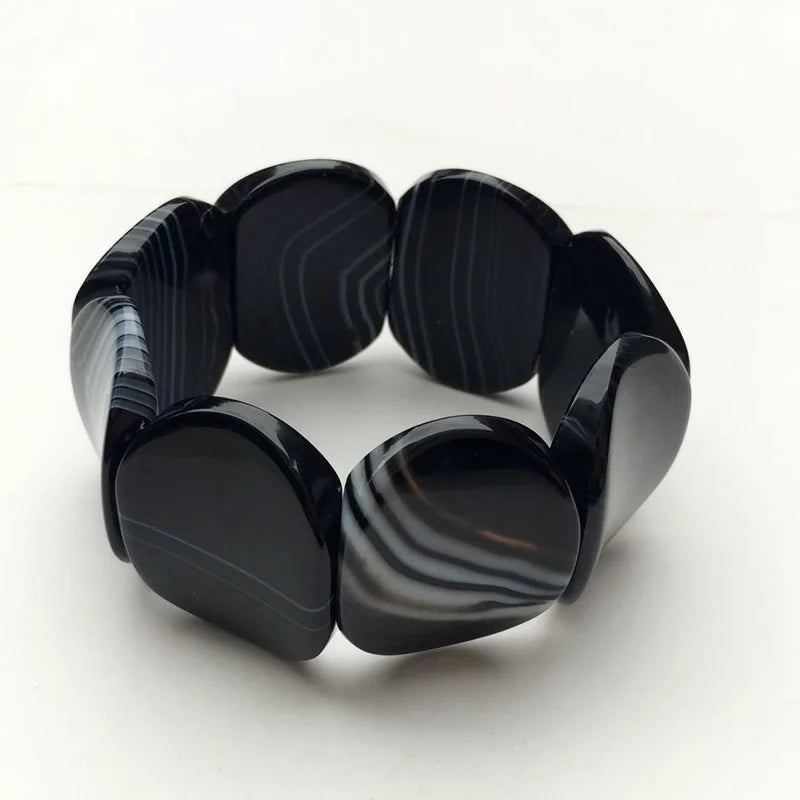 Unique Hip-Hop Jewelry, Multi-color Stripes, Botswana Agates Beads, Gem Elastic Bracelet, concave Shape 30x40mm