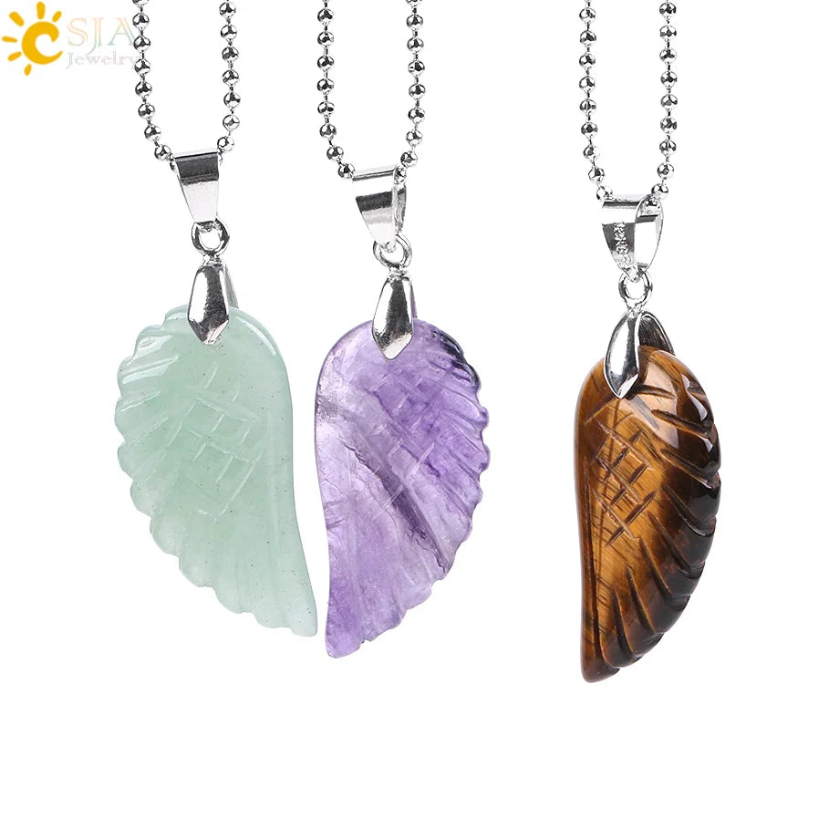 CSJA Natural Gem Stone Angel Wing Necklaces & Pendants Purple Pink Rock Crystal Lapis Lazuli Opal Green Aventurine Jewelry E768