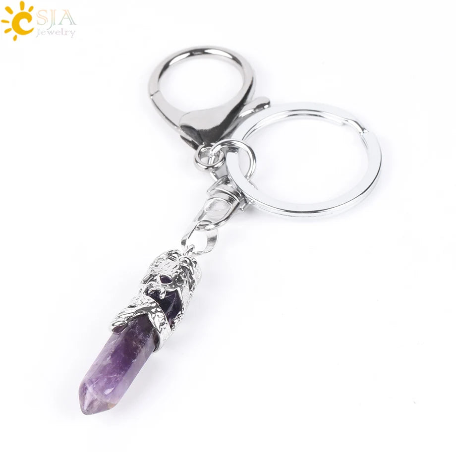 CSJA Natural Gem Stone Keychains Hexagonal Prism Point Pendant Lapis Lazuli White Crystal Opal for DIY Car Key Rings Chains E824