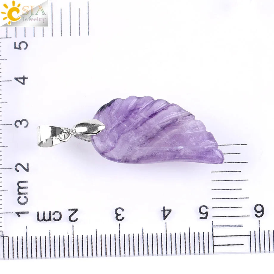 CSJA Natural Gem Stone Angel Wing Necklaces & Pendants Purple Pink Rock Crystal Lapis Lazuli Opal Green Aventurine Jewelry E768