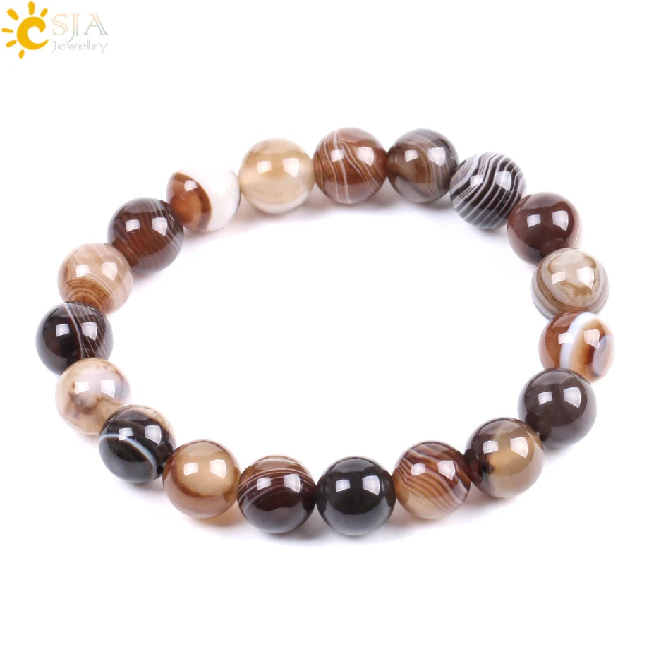 CSJA Natural Round Gem Stone Agates Onyx Men Bracelets Bangle 10mm Brown Stripe Ethnic Rosary Energy Beads Prayer Wristband F113