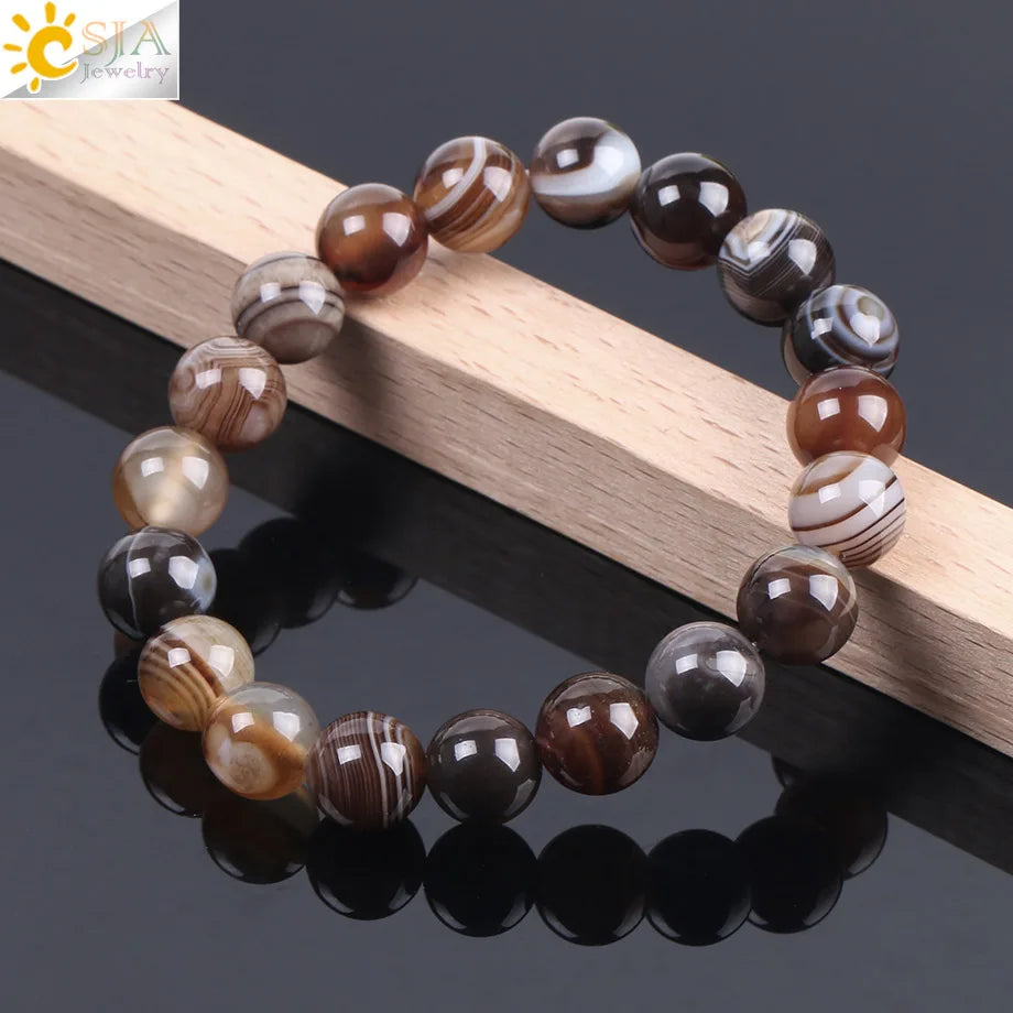 CSJA Natural Round Gem Stone Agates Onyx Men Bracelets Bangle 10mm Brown Stripe Ethnic Rosary Energy Beads Prayer Wristband F113