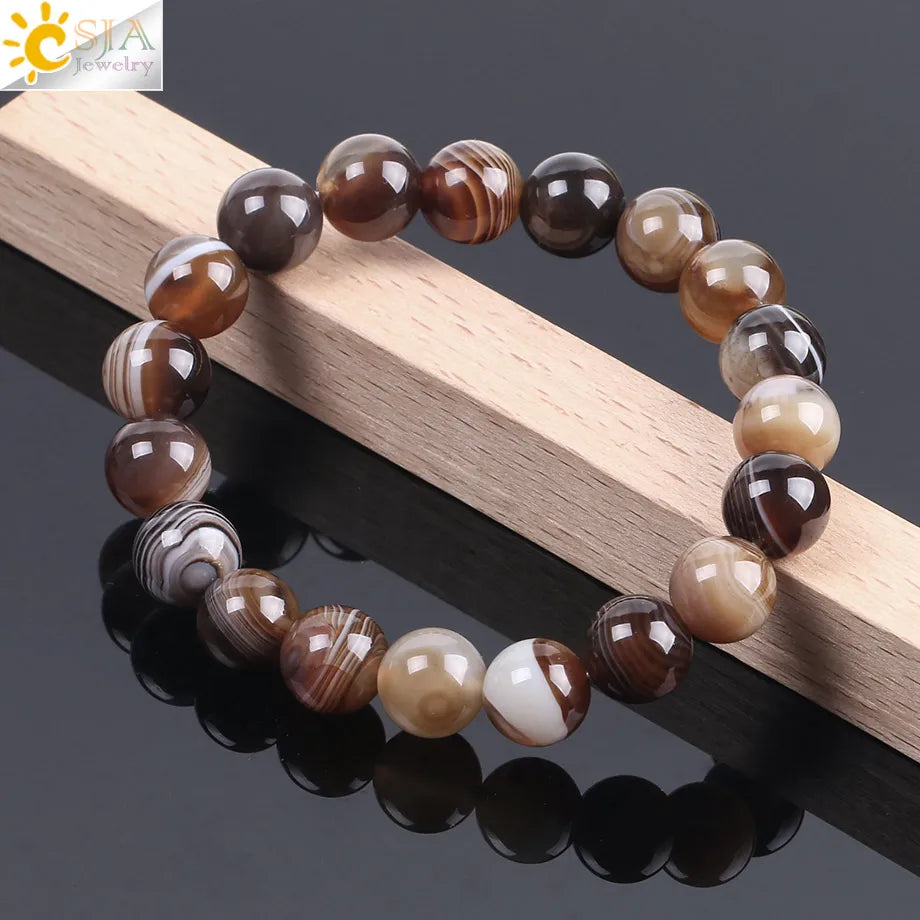 CSJA Natural Round Gem Stone Agates Onyx Men Bracelets Bangle 10mm Brown Stripe Ethnic Rosary Energy Beads Prayer Wristband F113