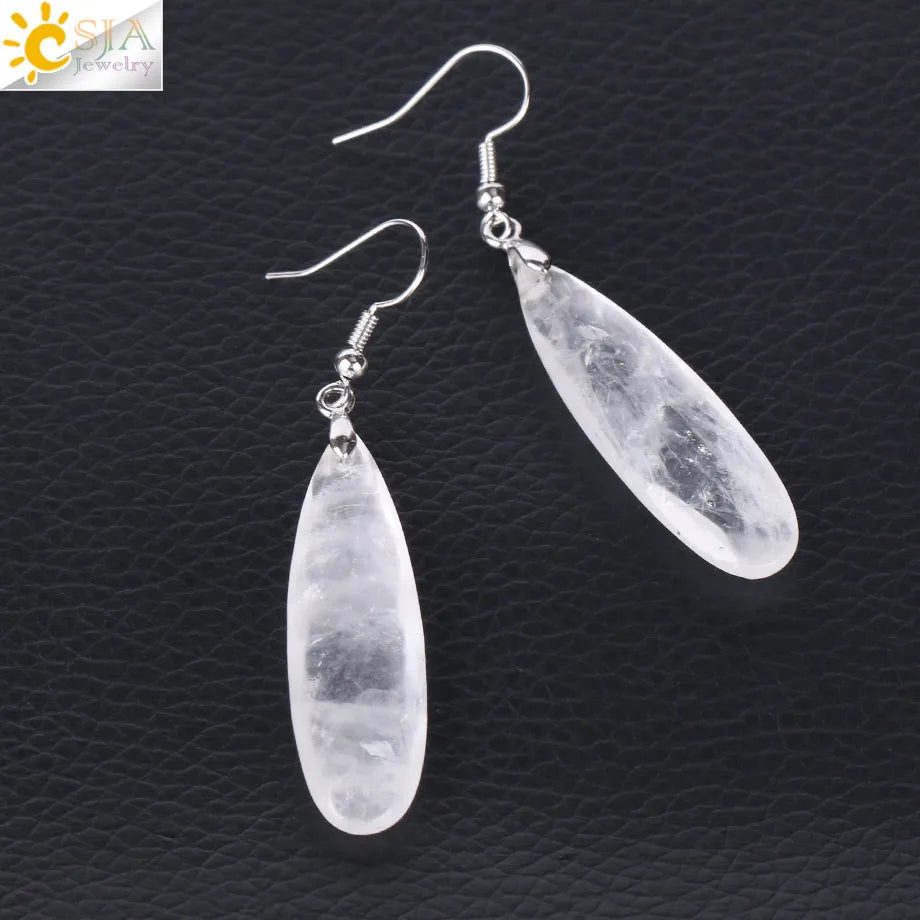 CSJA Dangle Long Earrings for Women Natural Stone Multifaceted Cutting Pendant Tiger Eye Crystal Lava Geometry Drop Earring F354