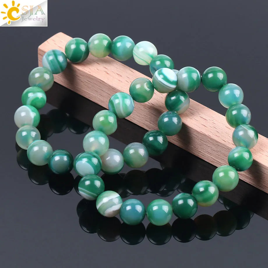 CSJA Natural Gem Stone Onyx Agates Bracelets & Bangles Green Vein Mala Yoga Beads Meditation Healing Energy Fashion Jewelry F114