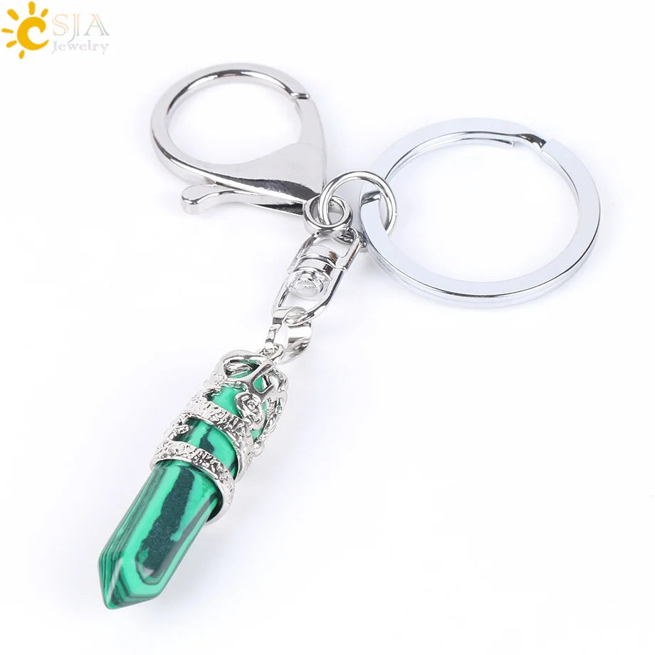 CSJA Natural Gem Stone Keychains Hexagonal Prism Point Pendant Lapis Lazuli White Crystal Opal for DIY Car Key Rings Chains E824
