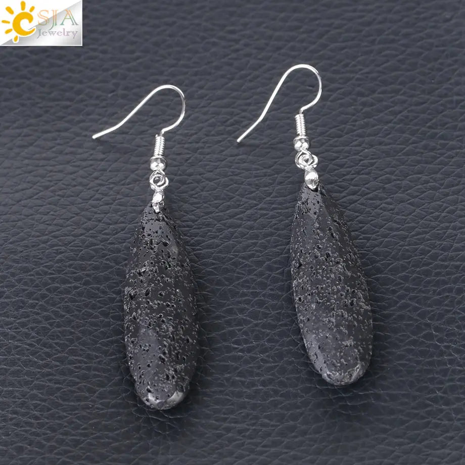 CSJA Dangle Long Earrings for Women Natural Stone Multifaceted Cutting Pendant Tiger Eye Crystal Lava Geometry Drop Earring F354