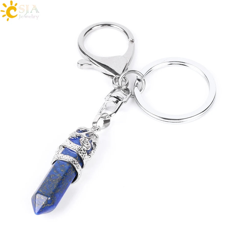 CSJA Natural Gem Stone Keychains Hexagonal Prism Point Pendant Lapis Lazuli White Crystal Opal for DIY Car Key Rings Chains E824