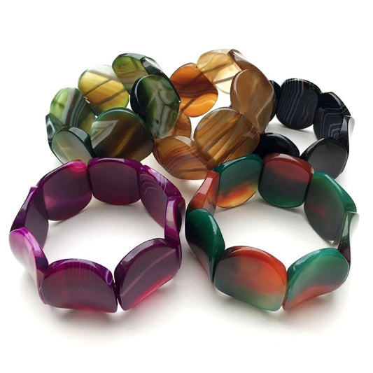 Unique Hip-Hop Jewelry, Multi-color Stripes, Botswana Agates Beads, Gem Elastic Bracelet, concave Shape 30x40mm