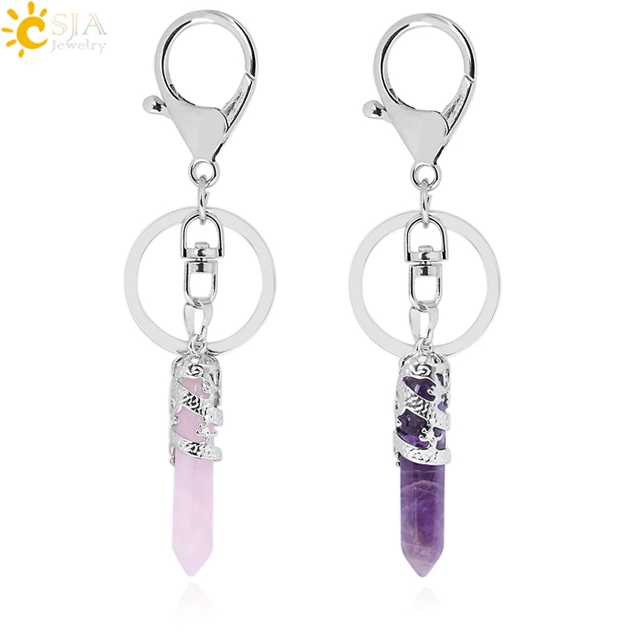CSJA Natural Gem Stone Keychains Hexagonal Prism Point Pendant Lapis Lazuli White Crystal Opal for DIY Car Key Rings Chains E824