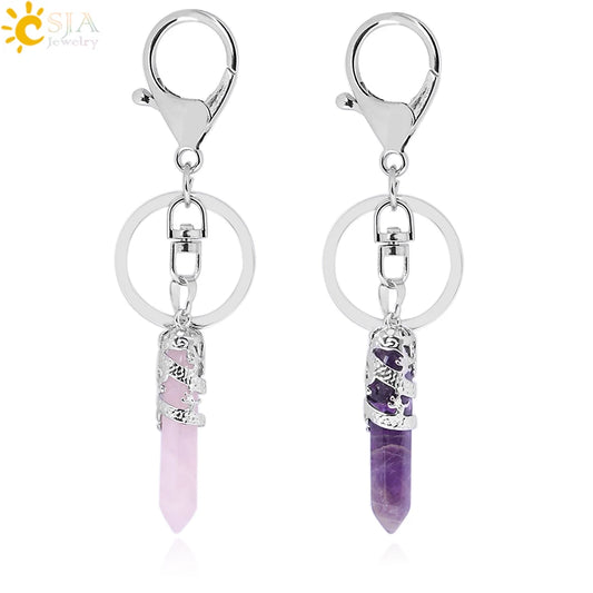 CSJA Natural Gem Stone Keychains Hexagonal Prism Point Pendant Lapis Lazuli White Crystal Opal for DIY Car Key Rings Chains E824