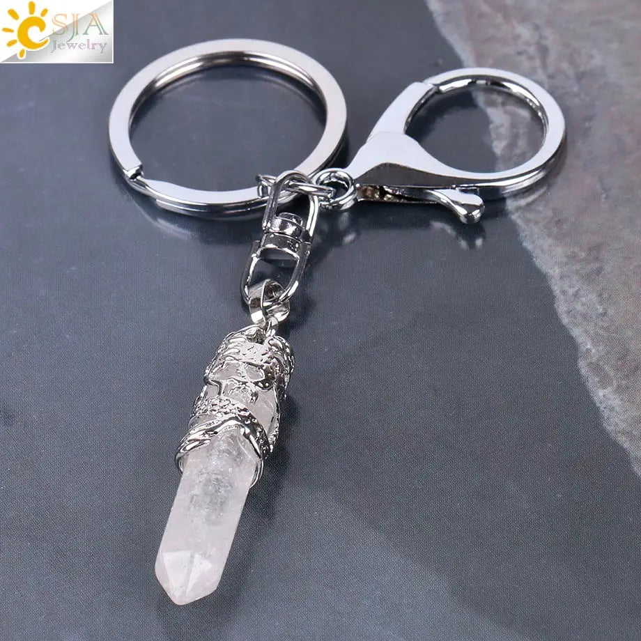 CSJA Natural Gem Stone Keychains Hexagonal Prism Point Pendant Lapis Lazuli White Crystal Opal for DIY Car Key Rings Chains E824