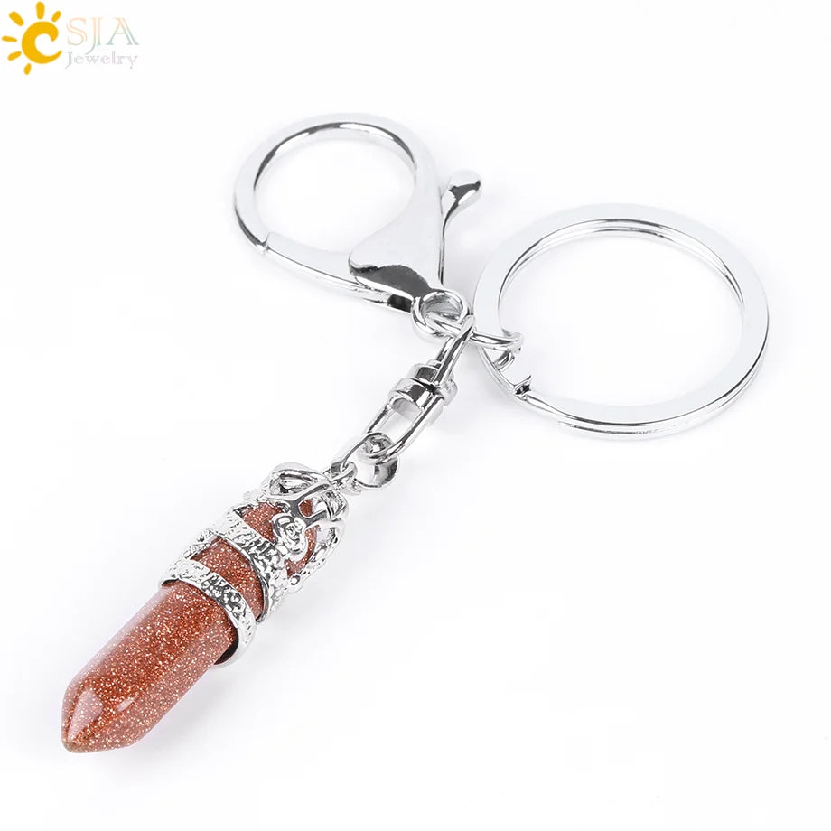 CSJA Natural Gem Stone Keychains Hexagonal Prism Point Pendant Lapis Lazuli White Crystal Opal for DIY Car Key Rings Chains E824