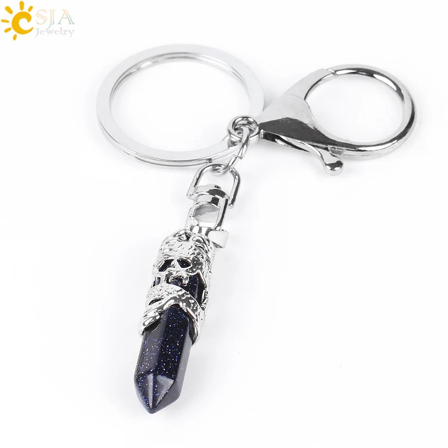 CSJA Natural Gem Stone Keychains Hexagonal Prism Point Pendant Lapis Lazuli White Crystal Opal for DIY Car Key Rings Chains E824