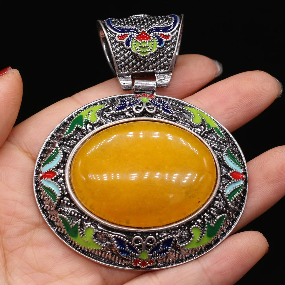 Vintage Ethnic Natural Stone Crystal Agates Charms Elliptical Boho Abalone Shell Pendant for Jewelry Making DIY Necklace Gift