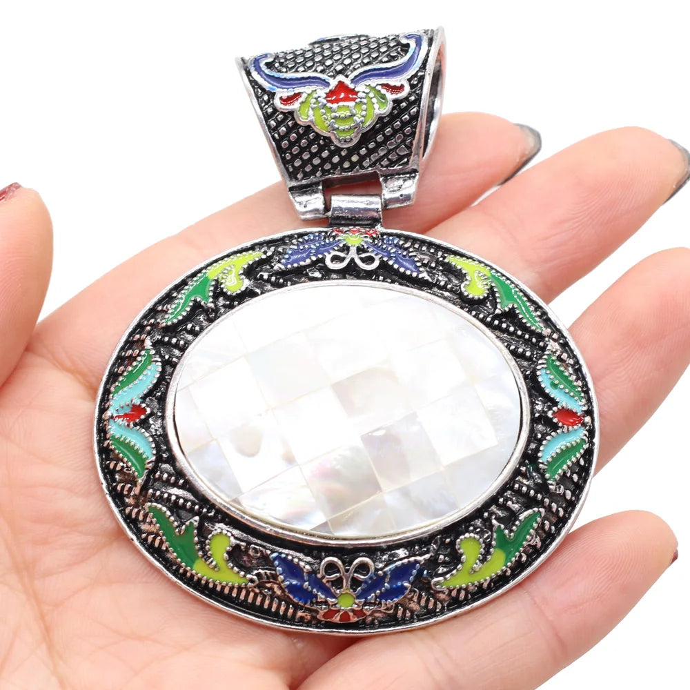 Vintage Ethnic Natural Stone Crystal Agates Charms Elliptical Boho Abalone Shell Pendant for Jewelry Making DIY Necklace Gift