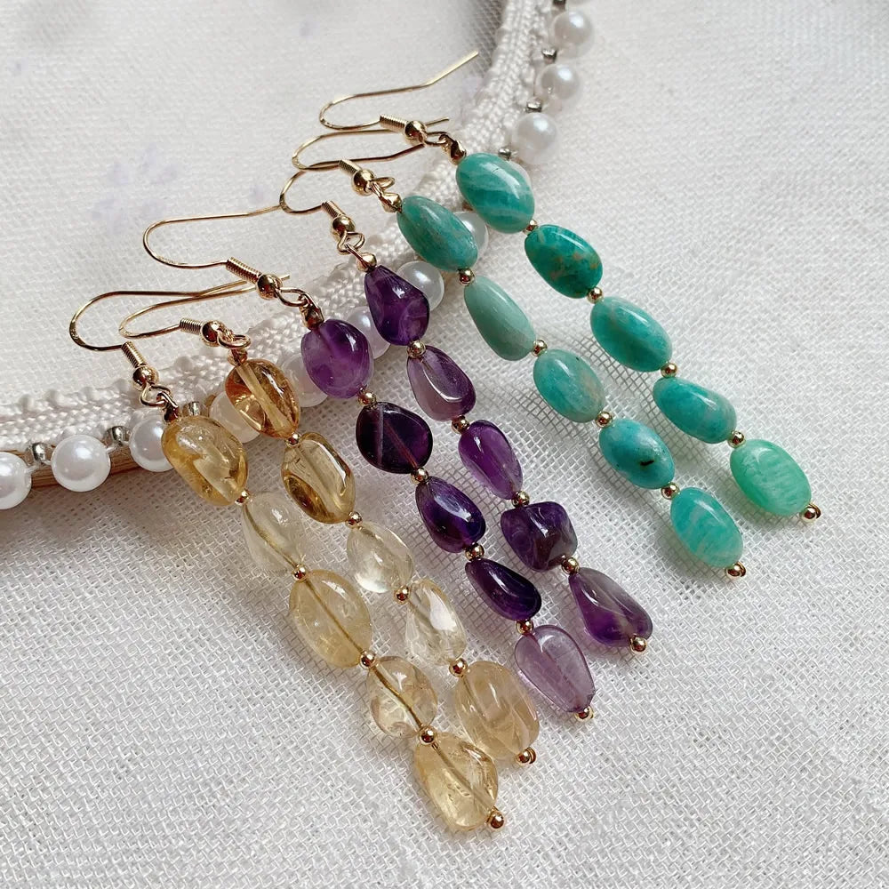Natural Crystal Drop Earring for Women Party Wedding Irregular Rock Quartz Amazonite Citrines Gems Stone Long Tassel Earring