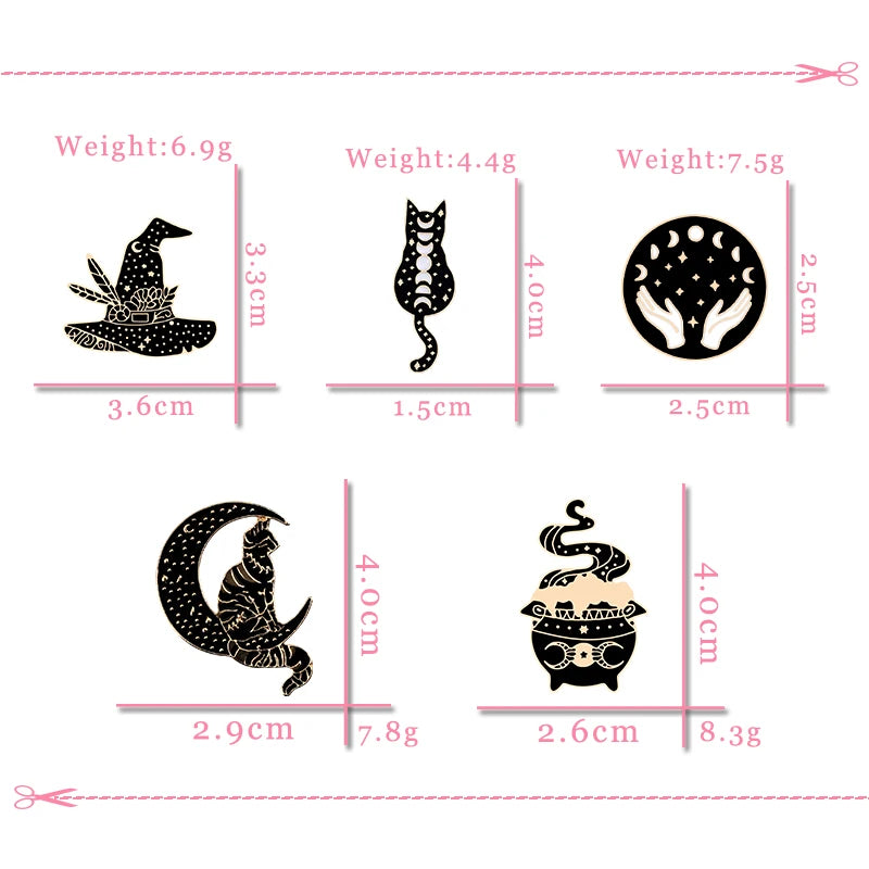 Witches Punk Black Enamel Pins Magical Hat Furnace Moon Cat Brooch Backpack Denim Lapel Pin Badge Dark Gothic Party Jewelry Gift