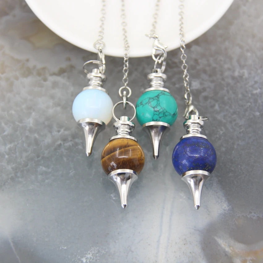 Natural Rose Quartz Labradorite Pendulum for Dowsing Divination Round beads Stone Crystal Cone Pendants pendulos Jewelry