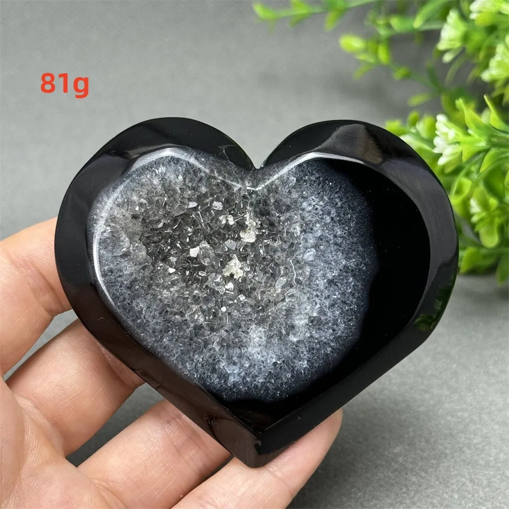 Natural Gemstone Black Agate Geode Heart Shaped Crystal Reiki Energy Healing Meditation Witchcraft Home Garden Decoration Exorci