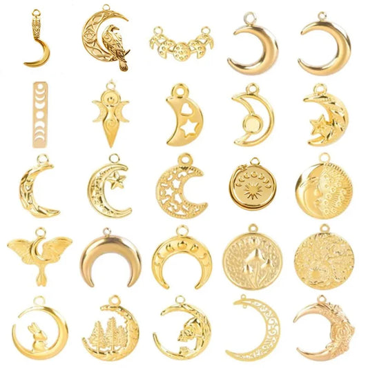 5pcs/Lot New Moon Charm No Fade Stainless Steel Pendants Charms In Bulk DIY Jewelry Making Supplies Witch Knot Star Accessories