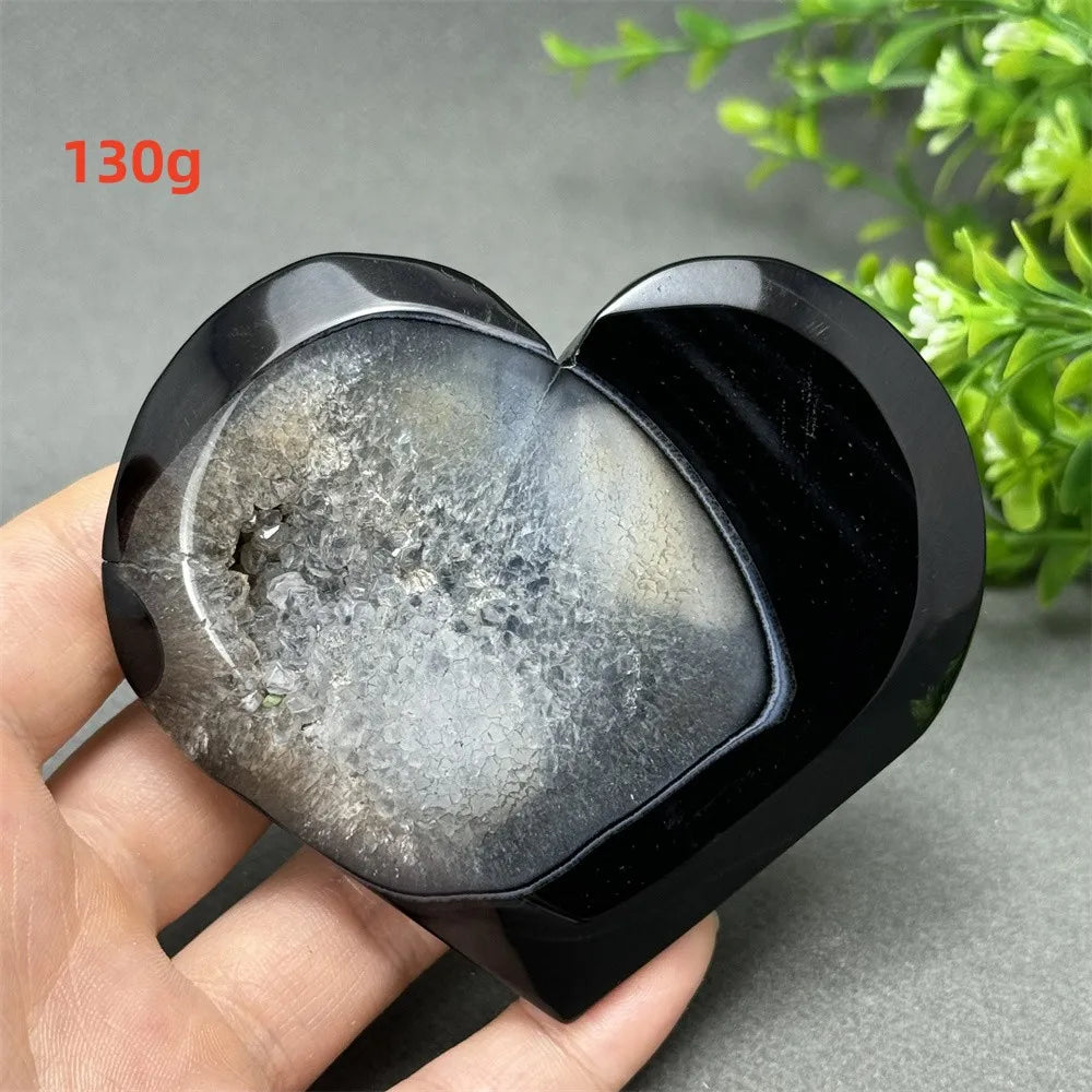 Natural Gemstone Black Agate Geode Heart Shaped Crystal Reiki Energy Healing Meditation Witchcraft Home Garden Decoration Exorci