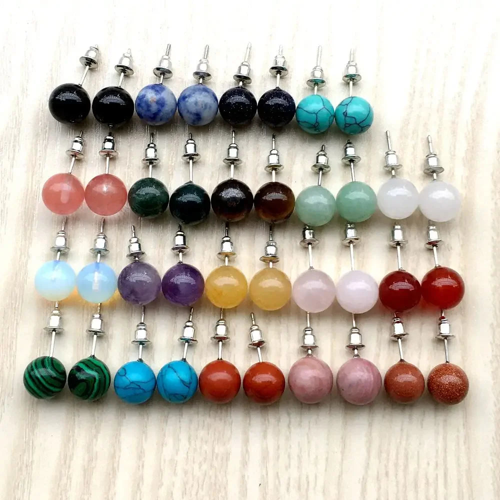 10 pairs Natural Stone Earrings Healing Crystal Quartzs Round Ball Beads Steel Stud Fashion Ear Jewelry for Women Girl Wholesale