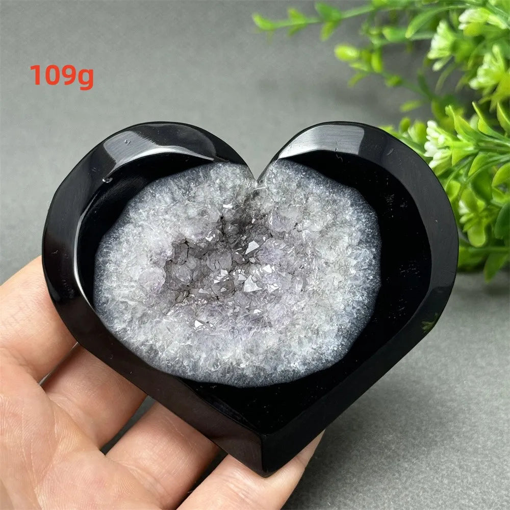 Natural Gemstone Black Agate Geode Heart Shaped Crystal Reiki Energy Healing Meditation Witchcraft Home Garden Decoration Exorci