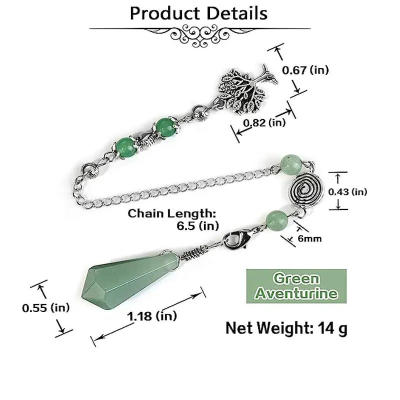 Natural Stone Green Aventurine Dowsing Pendulum Scrying Divination Healing Hexagonal Pointed Tree of Life Crystal Pendulums X058