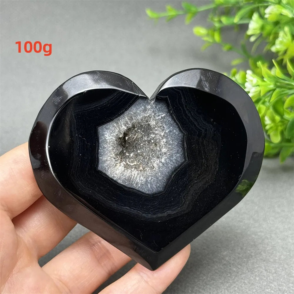Natural Gemstone Black Agate Geode Heart Shaped Crystal Reiki Energy Healing Meditation Witchcraft Home Garden Decoration Exorci