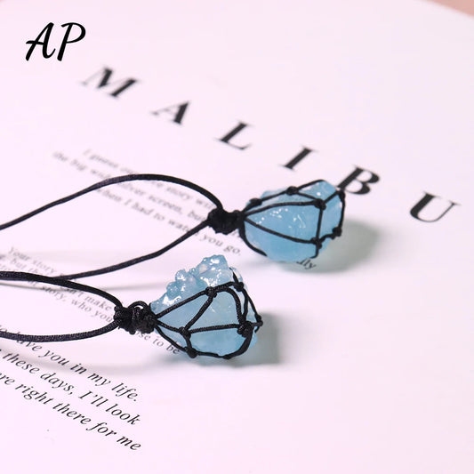 1pc Natural Crystal Aquamarine Raw Unpolished Stone Pendant Necklace Reiki Healing Blue Gem Jewelry Rock Mineral Pendant