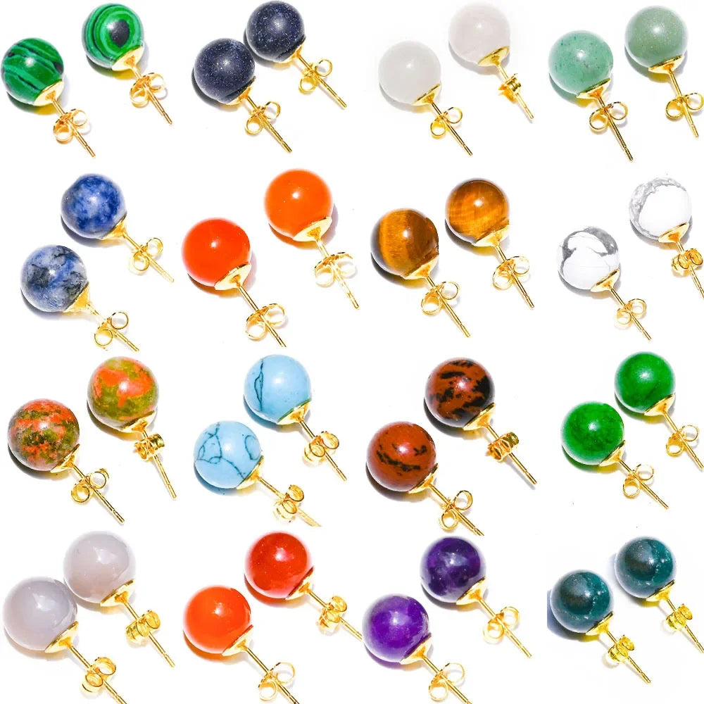 10 pairs Natural Stone Earrings Healing Crystal Quartzs Round Ball Beads Steel Stud Fashion Ear Jewelry for Women Girl Wholesale