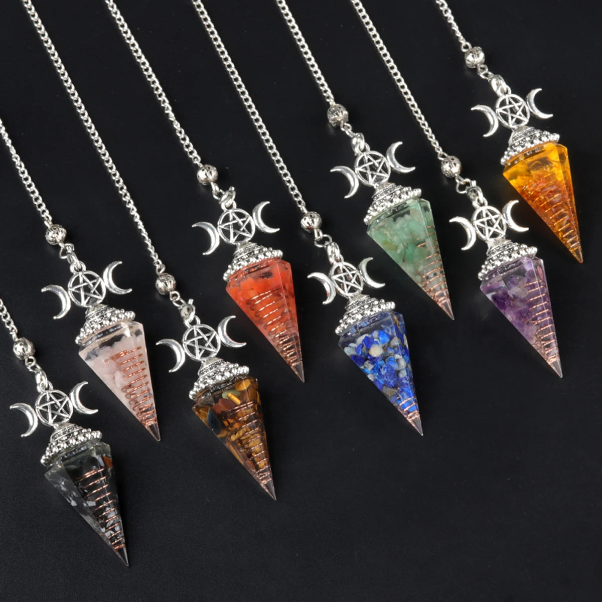 Three Phase Lunar Meditation Healing Natural Stone Tiger Eye Crystal Hexagonal Pyramid Spirit Pendulum Accessory Gift