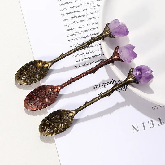 Natural Amethyst Cluster Teaspoon Energy Crystal Tooth Flower Gem Spoon Altar Witchcraft