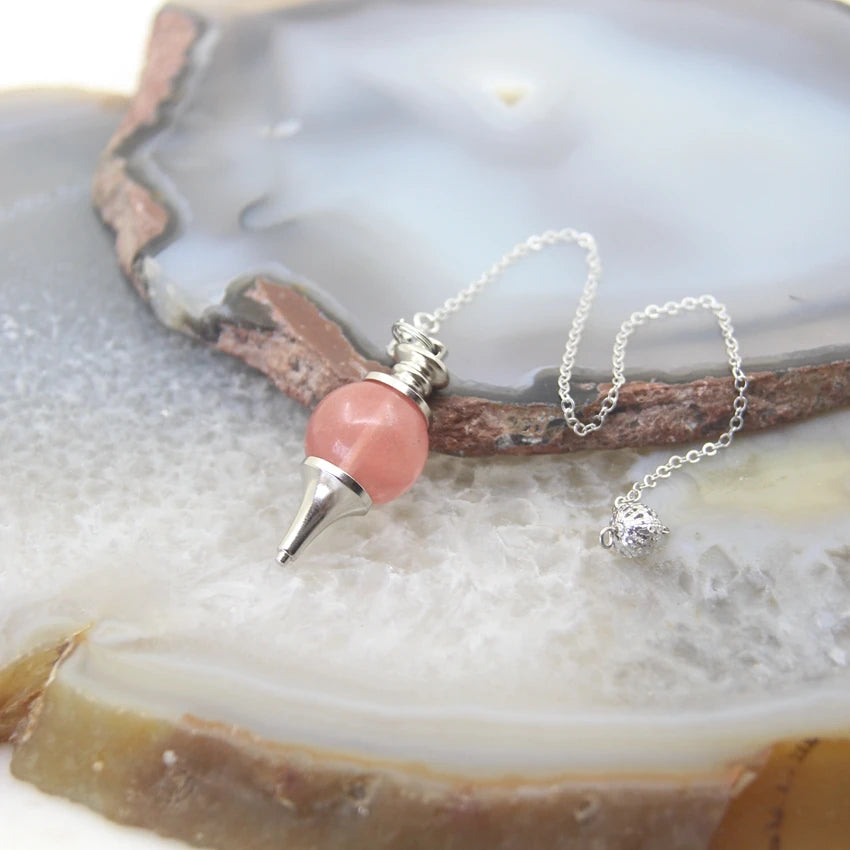 Natural Rose Quartz Labradorite Pendulum for Dowsing Divination Round beads Stone Crystal Cone Pendants pendulos Jewelry