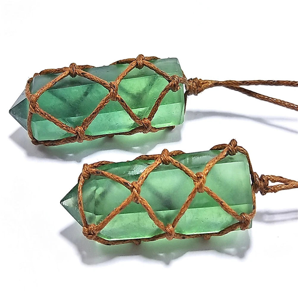 Natural Emerald Crystal Pendant Healing DT Gemstone Wand Reiki Green Fluorite Wrap Braid Necklace Yoga Macrame For Men Women