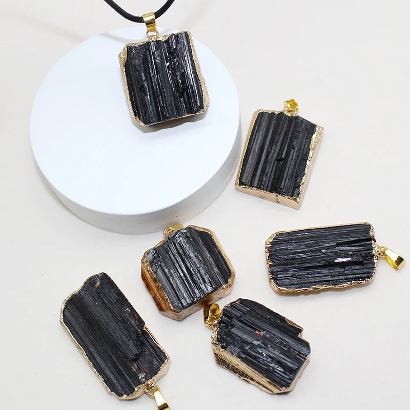 1 Piece Natural Black Tourmaline Necklace Pendant Mineral Specimen Crystal Gem Phnom Penh Raw Stone Craft Pendant Men's Jewelry