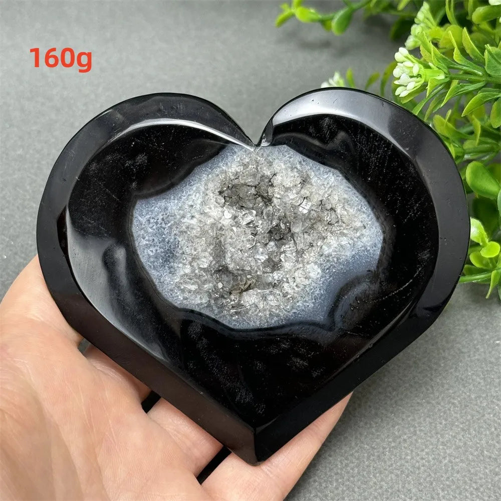 Natural Gemstone Black Agate Geode Heart Shaped Crystal Reiki Energy Healing Meditation Witchcraft Home Garden Decoration Exorci