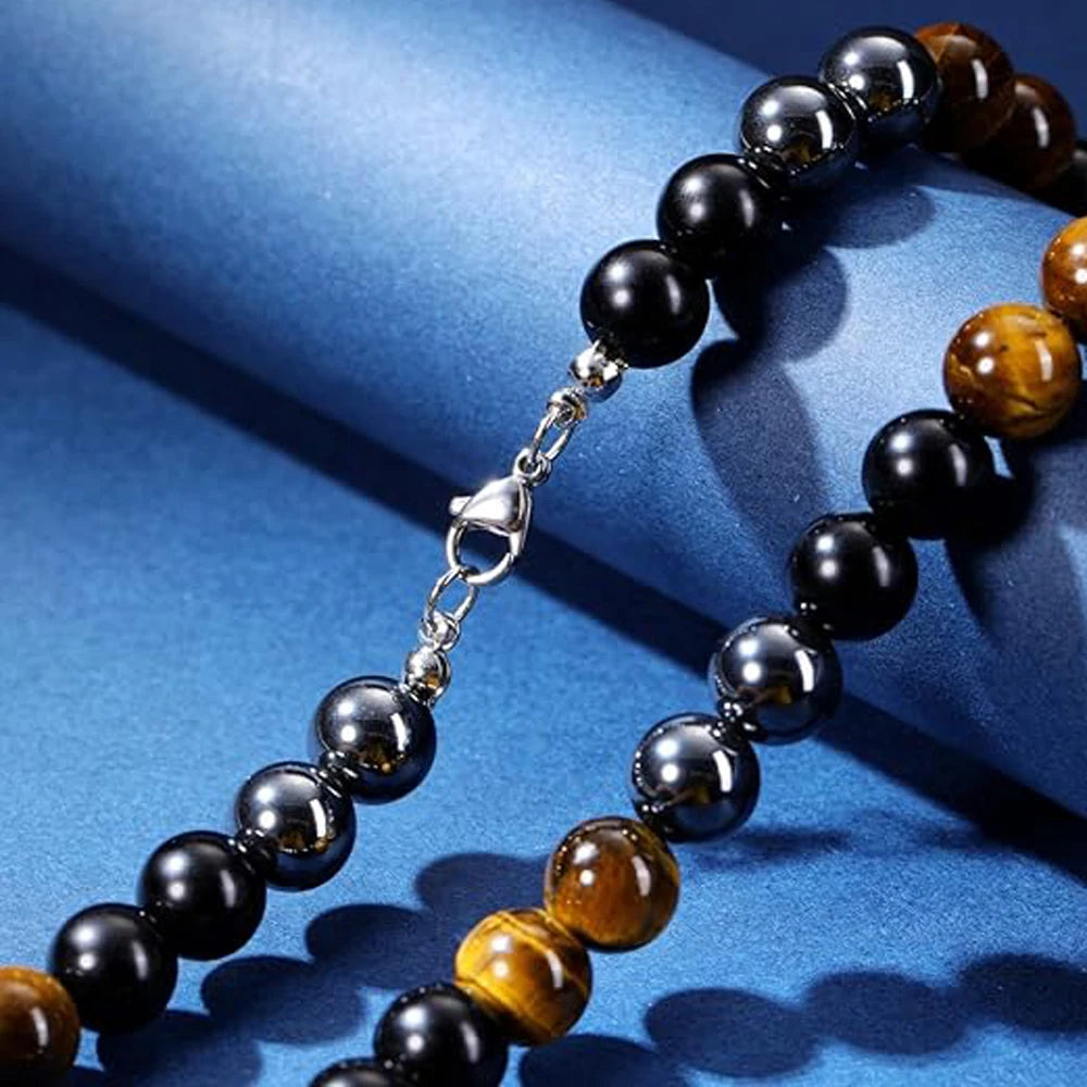 Mens Healing Crystal Black Obsidian Tigers Eye Hematite Natural Stone Beaded Necklace Triple Protection Jewelry Gifts for Men