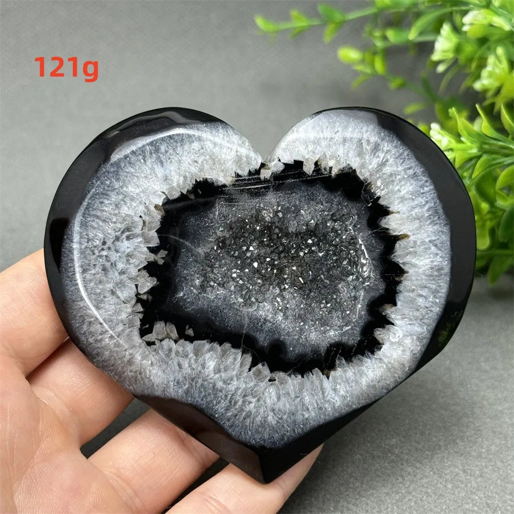 Natural Gemstone Black Agate Geode Heart Shaped Crystal Reiki Energy Healing Meditation Witchcraft Home Garden Decoration Exorci