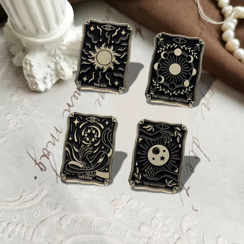 Black Tarot Enamel Pins Custom Sun Moon Stars Dark Witch Brooches Lapel Badges Punk Gothic Jewelry Gift for Friends